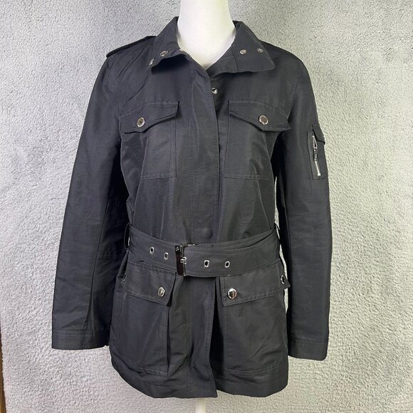 Lauren Ralph Lauren Jacket Womens Medium Petite Black Full Zip Pockets Belted - Picture 1 of 11